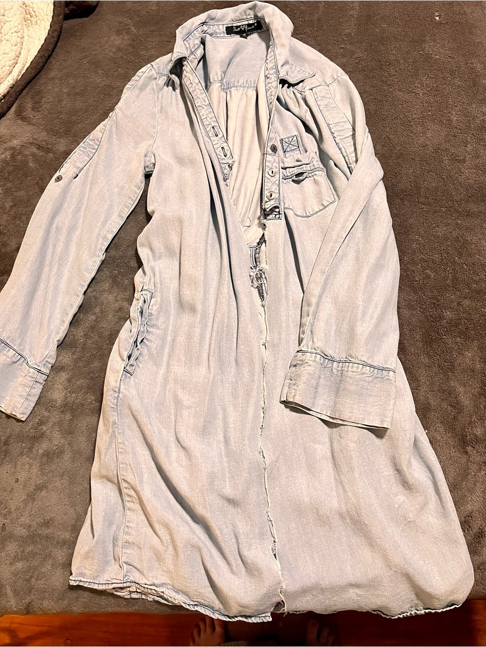 Light Wash Denim-Style Midi Shirt Dress with Button-Front